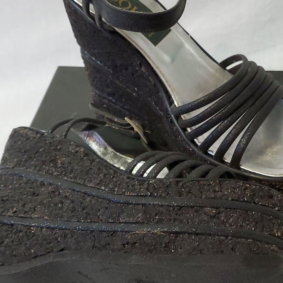 LN Vintage Black Cork w/ Glitter Piping Platforms - Picture 9 of 12